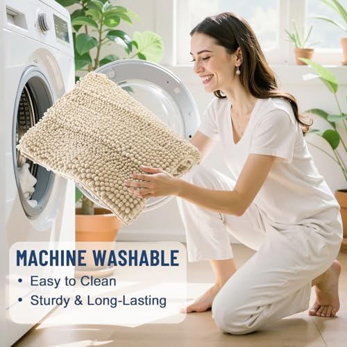 Grandaily Chenille Striped Bathroom Rugs 70x24, Extra Thick and Soft Absorbent Bath Mats, Rubber Backing, Plush Shaggy Shower Carpet, Machine Wash Dry, Bath Rug for Bathroom, Light Beige