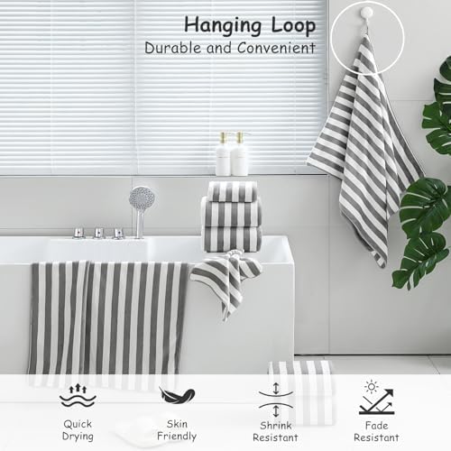 18 Pcs Light Gray Stripe Bath Towel Set with Hanging Loop-6 Bath Towels,6 Hand Towels,6 Washcloths Soft Family Towels Set Bathroom Towel Highly Absorbent Quick Dry Shower Towel for Beach Spa Gym Hotel