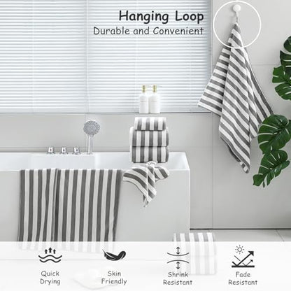 18 Pcs Light Gray Stripe Bath Towel Set with Hanging Loop-6 Bath Towels,6 Hand Towels,6 Washcloths Soft Family Towels Set Bathroom Towel Highly Absorbent Quick Dry Shower Towel for Beach Spa Gym Hotel