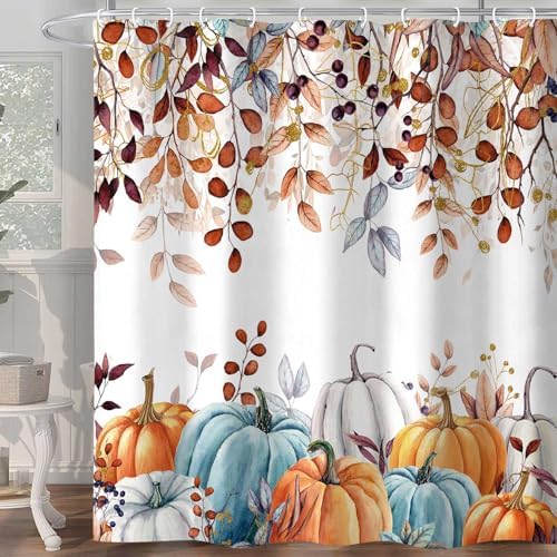 Fall Pumpkin Shower Curtain, Thanksgiving Autumn Harvest Leaves Watercolor Seasonal Decor Bathroom Curtains, Waterproof Fabric Polyester with Hooks, 72x72 Inch