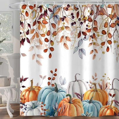 Fall Pumpkin Shower Curtain, Thanksgiving Autumn Harvest Leaves Watercolor Seasonal Decor Bathroom Curtains, Waterproof Fabric Polyester with Hooks, 72x72 Inch