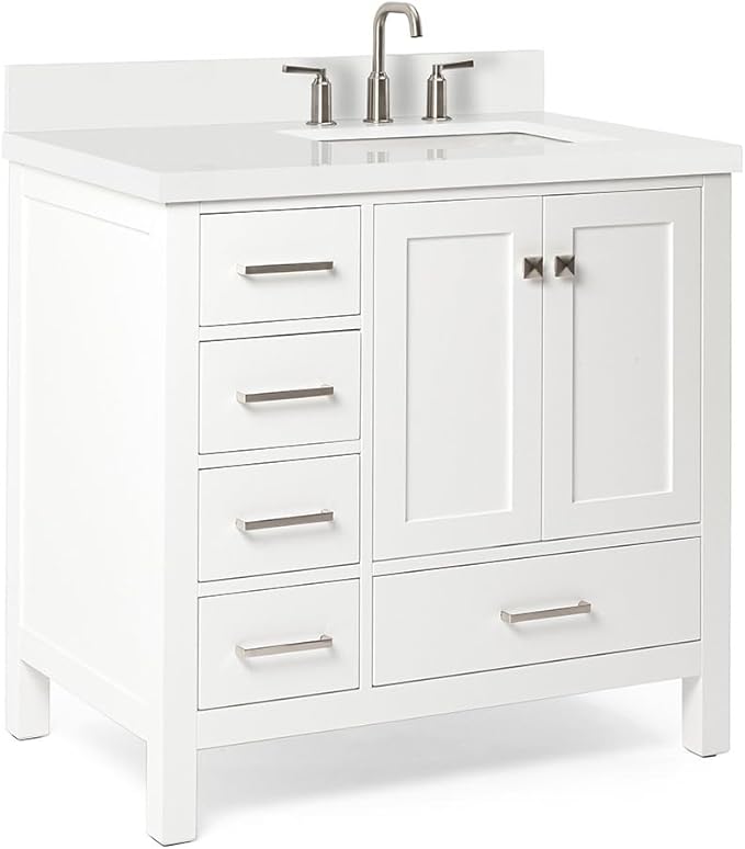 ARIEL Cambridge 36-inch Bathroom Vanity with Sink,Solid Wood, 1.5-inch Pure White Quartz Countertop & Backsplash, Single Rectangular Porcelain Sink, 2 Soft Closing Doors, 5 Dovetail Drawers, White