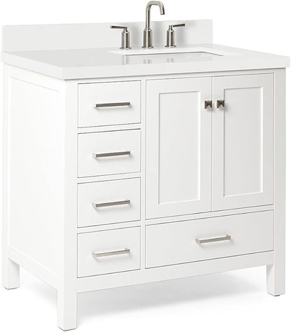 ARIEL Cambridge 36-inch Bathroom Vanity with Sink,Solid Wood, 1.5-inch Pure White Quartz Countertop & Backsplash, Single Rectangular Porcelain Sink, 2 Soft Closing Doors, 5 Dovetail Drawers, White