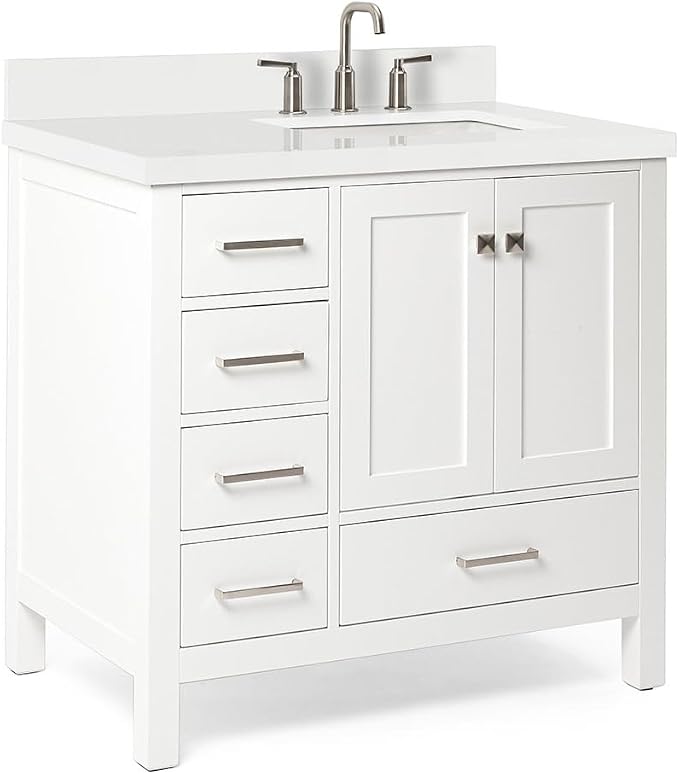 ARIEL Cambridge 36-inch Bathroom Vanity with Sink,Solid Wood, 1.5-inch Pure White Quartz Countertop & Backsplash, Single Rectangular Porcelain Sink, 2 Soft Closing Doors, 5 Dovetail Drawers, White