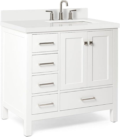 ARIEL Cambridge 36-inch Bathroom Vanity with Sink,Solid Wood, 1.5-inch Pure White Quartz Countertop & Backsplash, Single Rectangular Porcelain Sink, 2 Soft Closing Doors, 5 Dovetail Drawers, White