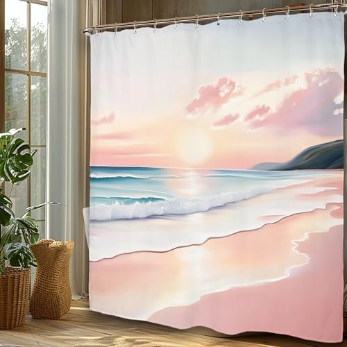 Miyotaa Pink Coastal Beach Shower Curtain Set 60Wx71H Inches Ocean Summer Landscape Scenery Waves Sunset Waterproof Bathroom Curtain with 12 Hooks