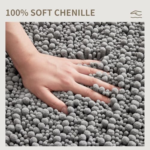 Bathroom Rugs Non Slip Washable, Extra Thick Soft Chenille Absorbent Bath Mat, High Density Barrier Non Slip Backing, Quick Dry Plush Shaggy Floor Carpet for Tub&Shower 24x17, Grey