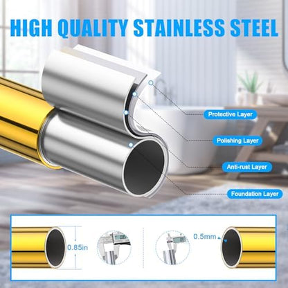 TEECK Shower Curtain Rod, 32-68 inch Adjustable Spring Tension Curtain Rod, Never Rust Anti-Slip Shower Curtain Rod for Bathroom, No Drilling, Never Collapse, Easy to Use, Gold