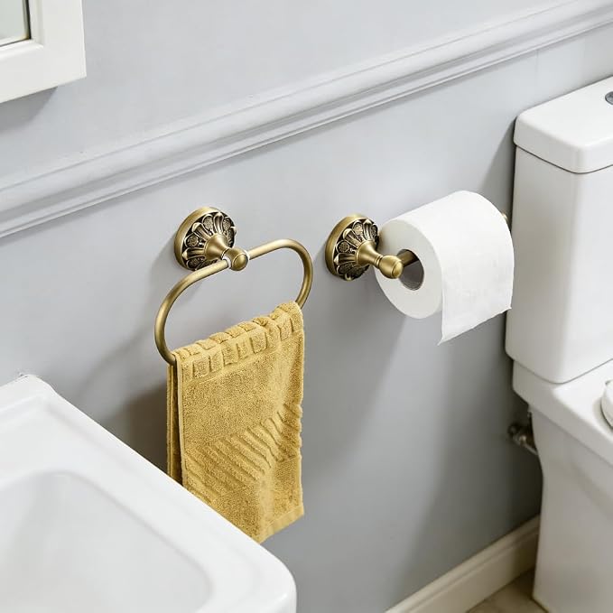 Antique Brass Bathroom Accessories, Solid Copper Towel Ring & Paper Holder, Vintage Wall Mount Hardware with Antique Bronze Finish (Single or Set) (Towel Ring + Paper Holder Set (2-Piece))