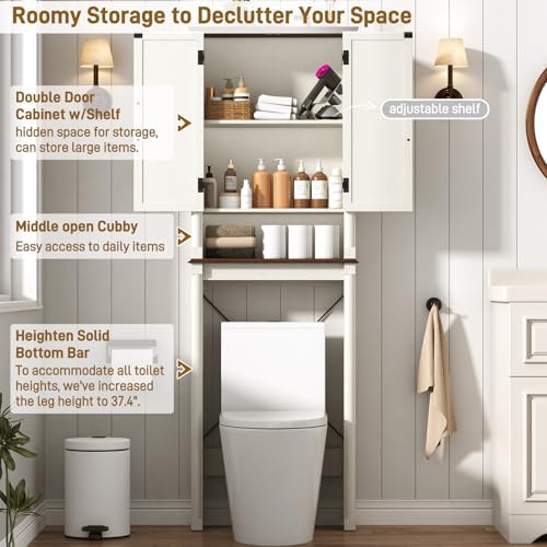 jiteentarou Farmhouse Bathroom Storage Cabinet,Over The Toilet Storage Cabinet with Roman Column Decor,Tall Over The Toilet Shelf with Barn Doors,Over Toilet Bathroom Organizer(Rustic White)