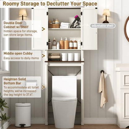 jiteentarou Farmhouse Bathroom Storage Cabinet,Over The Toilet Storage Cabinet with Roman Column Decor,Tall Over The Toilet Shelf with Barn Doors,Over Toilet Bathroom Organizer(Rustic White)