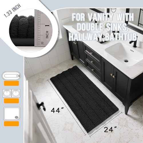 Yimobra Bathroom Rug Mat 44 x 24, Non Slip and Super Absorbent Bath Mat,Machine Washable Quick Dry,Ultra Plush Chenille Shower Rugs for Bathroom Floor Sink Tub and Shower Outside,Black