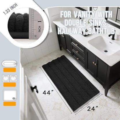 Yimobra Bathroom Rug Mat 44 x 24, Non Slip and Super Absorbent Bath Mat,Machine Washable Quick Dry,Ultra Plush Chenille Shower Rugs for Bathroom Floor Sink Tub and Shower Outside,Black