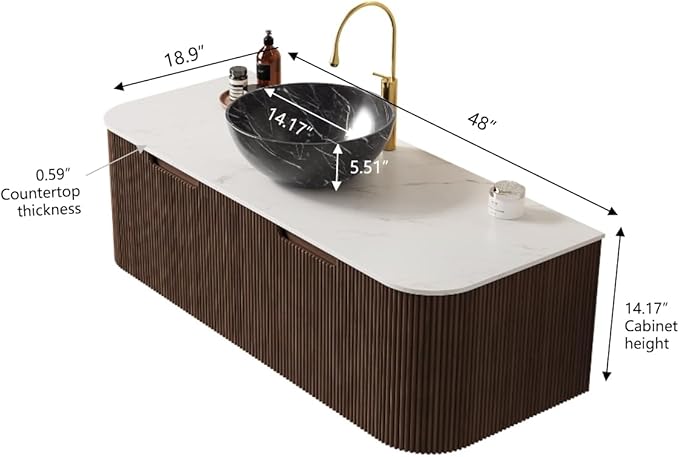 48'' Bathroom Vanities Cabinet with Sink Combo, Wall Mounted Floating Cabinet W/Curved Edges Stripes, Oak Plywood, Soft-Close System with 2 Drawer & Black Bowl Ceramic Basin - Kiel, Dark Walnut/R