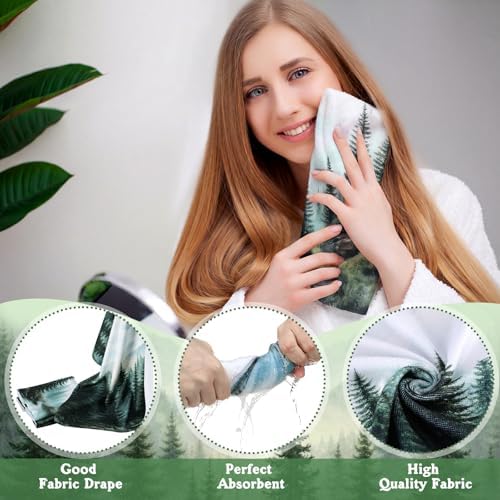 FuWeave 8 Pcs Green Forest Shower Curtain Set for Bathroom Decor Include Nature Misty Mountain Woodland Shower Curtain Towels Non Slip Rugs Toilet Lid Cover Bath Mat and 12 Hooks for Bathroom Decor