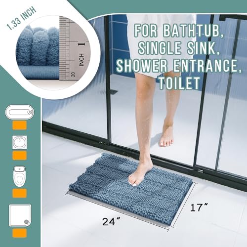 Yimobra Bathroom Rug Mat 24 x 17, Non Slip and Super Absorbent Bath Mat,Machine Washable Quick Dry,Ultra Plush Chenille Shower Rugs for Bathroom Floor Sink Tub and Shower Outside,Denim Blue
