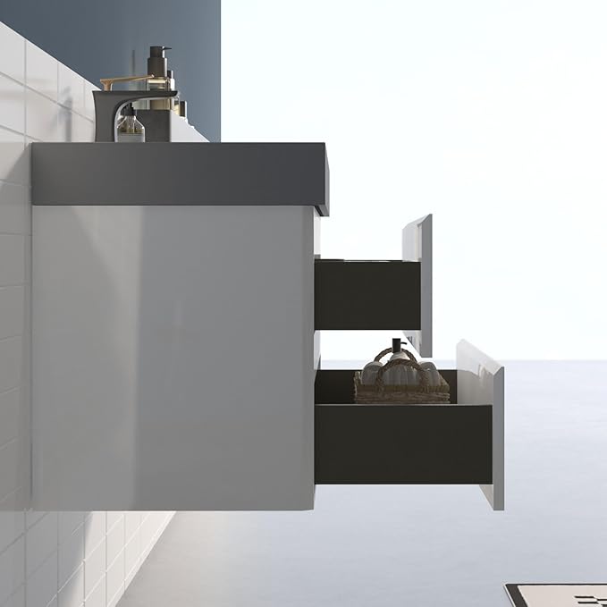 30" Floating Bathroom Vanity with Black Sink, Modern Bathroom Cabinet with Top and Soft Close Drawers, Spacious Storage for Small Space, White - Lavanda Collection