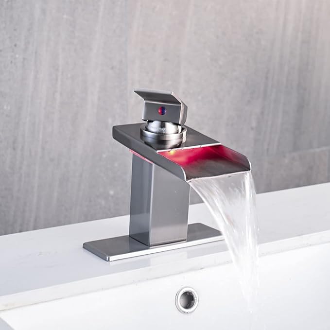LED Bathroom Sink Faucet, Brushed Nickel Waterfall Single Hole Handle Vanity Faucets for Sinks 1 Hole with Metal Pop Up Drain and 2 Water Supply Lines, Stainless Steel Spout