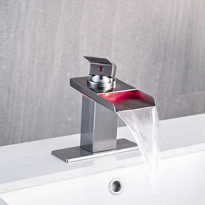LED Bathroom Sink Faucet, Brushed Nickel Waterfall Single Hole Handle Vanity Faucets for Sinks 1 Hole with Metal Pop Up Drain and 2 Water Supply Lines, Stainless Steel Spout