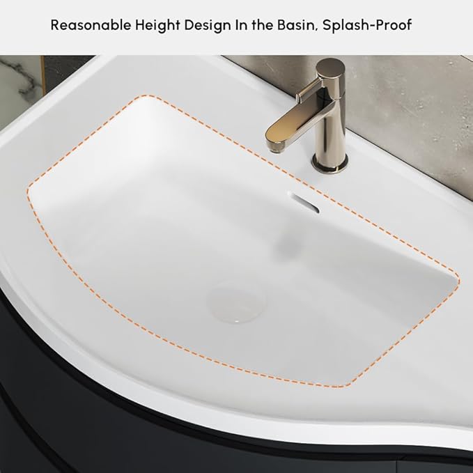 KunMai Modern Floating Bathroom Vanity with Sink, 35.4" Black Wall Mounted Stone Resin Top Vanity Cabinet with Storage Drawers & Door, White Wall Hung Vanity for Small Bathrooms
