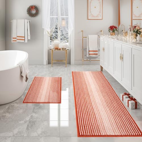 BSICPRO Fall Bathroom Rugs Sets 2 Piece, Non Slip Bath Mats, Sunset Orange