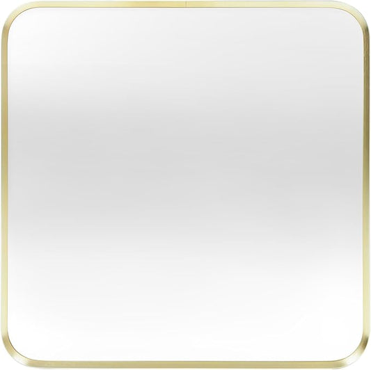 Wall Mount Mirror for Bathroom, Brushed Gold Metal Framed Rounded Corner Square Rectangular Vanity Mirror (30" x 30", Gold)
