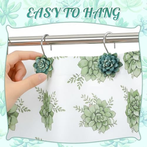 Amyhill 12 Pcs Succulents Plants Decorative Cute Shower Curtain Hooks Mini Succulents Green Shower Curtain Rings Bulk Hanger Stainless Steel Resin Plant Theme Hooks for Bathroom Bedroom Home Decor