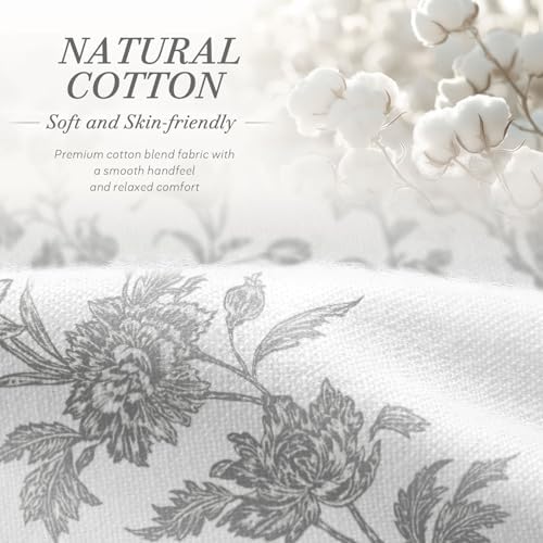 Grey Floral Shower Curtain,Vintage Cotton Cottagecore Gray Shower Curtains for Bathroom, 72" W x 72" L