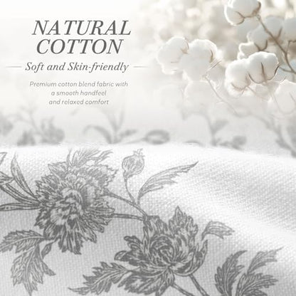 Grey Floral Shower Curtain,Vintage Cotton Cottagecore Gray Shower Curtains for Bathroom, 72" W x 72" L