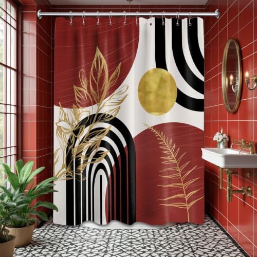 Black and Red Shower Curtain, 60X72 in, Mid Century Modern Burgundy