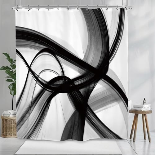 Abstract Modern Black White Shower Curtain 60Wx72L Inch Neutral Minimalist Contemporary Art Simple 3D Bathroom Set Accessories Decor with 12 Pack Hooks