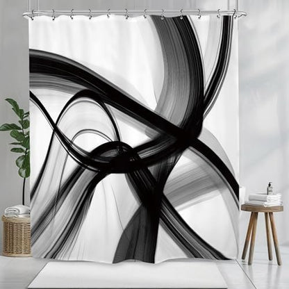 Abstract Modern Black White Shower Curtain 60Wx72L Inch Neutral Minimalist Contemporary Art Simple 3D Bathroom Set Accessories Decor with 12 Pack Hooks