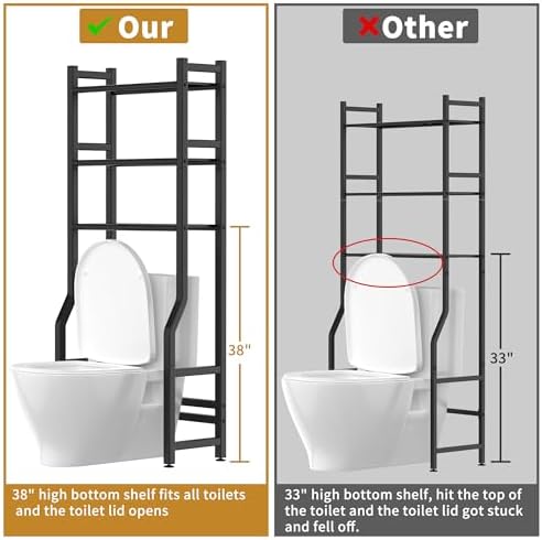 Livilord 3 Tier Over The Toilet Storage Rack with Toilet Paper Holder, Metal Freestanding Bathroom Shelves with 4 Hooks, Over Toilet Storage Shelf for Bathroom Storage, Black