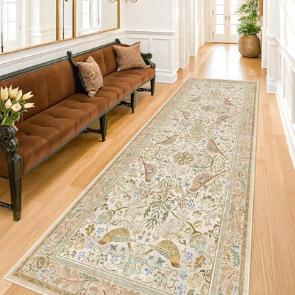 Hazo Haus 2'6"x8' Long Hallway Runner Rug - Vintage Botanical Wide Runners for Kitchen Bedroom Hall Way, Washable Non Slip with Rubber Backing, Beige Floral Décor