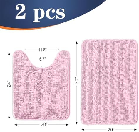 OLANLY Chenille Bathroom Rugs Mats Sets 2 Piece, 30"x20"+24"x20", Pink