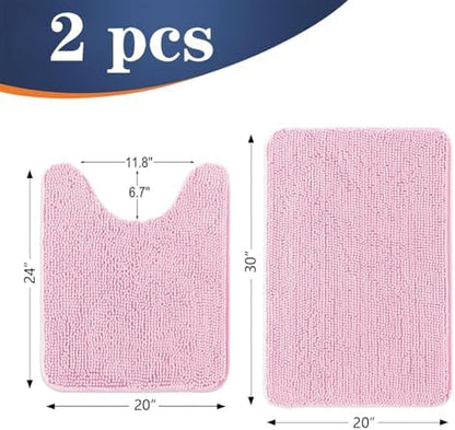 OLANLY Chenille Bathroom Rugs Mats Sets 2 Piece, 30"x20"+24"x20", Pink