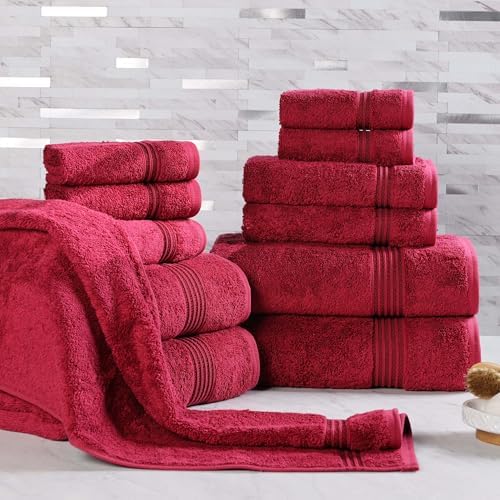 Superior Egyptian Cotton 12-Piece Towel Set, Assorted Towels for Home Bathroom, Master, Guest Bath, Decor Essentials, Includes 4 Bath, 4 Hand, 4 Face Towels/Washcloths, Quick Dry, Absorbent, Burgundy