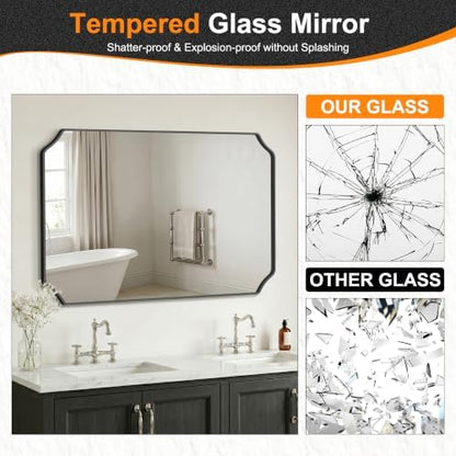 Delma Bathroom Vanity Mirror, Black Framed Aluminum Bathroom Mirror for Over Sink, Scalloped Round Corner Wall Mirror, High-Definition Vanity Mirror, Hangs Horizontally or Vertically (30x40,Black)