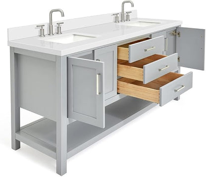 DKB Olivia 72" Grey Double Bathroom Vanity, 1.5" Edge Pure White Quartz Countertop, Rectangular Sinks, 4 Soft Closing Doors, 3 Dovetail Drawers, Open Shelf