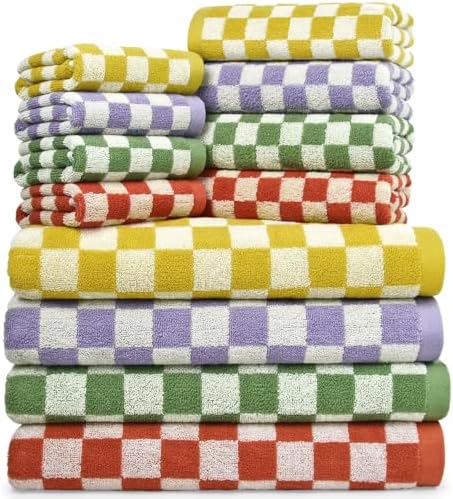 12 Piece Checkered Towel Set, Cotton Towels for Bathroom, 4 Colors