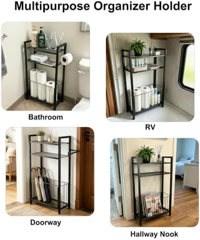 Black Free Standing Toilet Paper Holder Stand with Shelf and Roll Storage