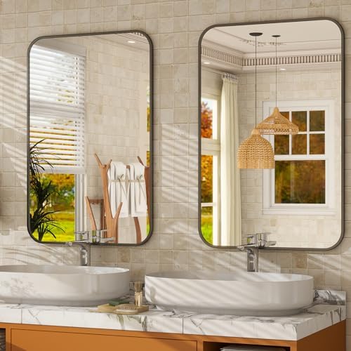 Easly 20 x 28 Inch Bathroom Mirror, Rounded Rectangular Vanity Mirror for Wall, Modern Mirror for Room Decor, Black Framed Wall-Mounted Mirrors for Home Decor, Hangs Horizontally or Vertically