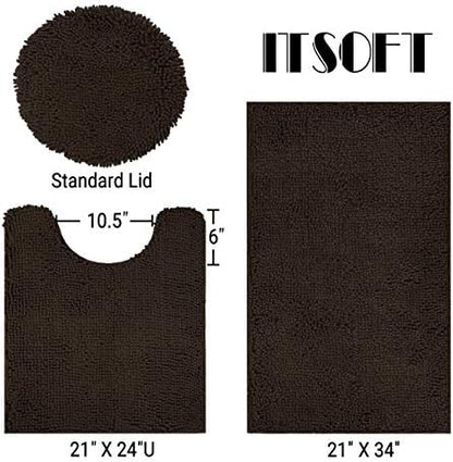 ITSOFT Standard 3pc Non-Slip Shaggy Chenille Bathroom Mat Set, Includes 24"x21" U-Shaped Contour Toilet Rug, 34"x21" Bathmat and 1 Toilet Lid Cover, Chocolate Brown