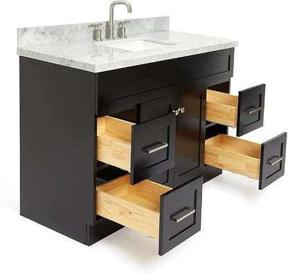 Bradford 48-Inch Bathroom Vanity with Sink — Black Single Sink Bathroom Vanity, 1.5" Edge Italian Carrara Marble Top, Solid Wood, 2 Soft-Close Doors, 4 Full Extension Dovetail Drawers