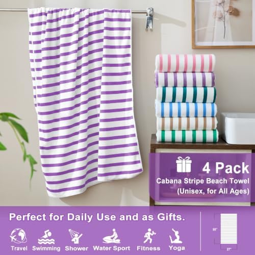 JML Microfiber Beach Towels, 4 Pack, 27" x 55", Cabana Stripe Purple