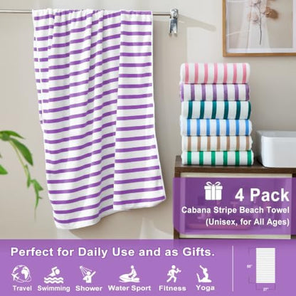JML Microfiber Beach Towels, 4 Pack, 27" x 55", Cabana Stripe Purple