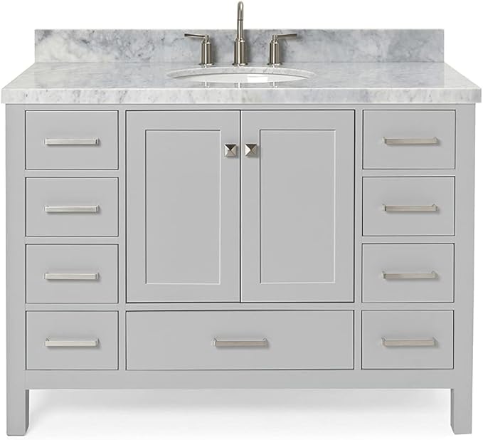 ARIEL Cambridge 48-inch Bathroom Vanity with Sink,Solid Wood, 1.5-inch Italian Carrara Marble Countertop & Backsplash, Single Oval Porcelain Sink, 2 Soft Closing Doors, 9 Dovetail Drawers, Grey