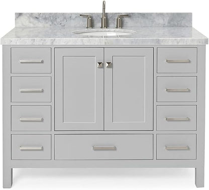 ARIEL Cambridge 48-inch Bathroom Vanity with Sink,Solid Wood, 1.5-inch Italian Carrara Marble Countertop & Backsplash, Single Oval Porcelain Sink, 2 Soft Closing Doors, 9 Dovetail Drawers, Grey