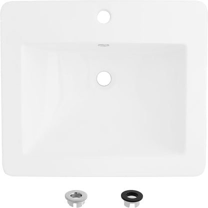 Stylish 21" White Porcelain Top-Mount Bathroom Sink, Rectangular Basin with Overflow Caps, High-Gloss Finish, cUPC Certified, Fits 22″ Cabinets, P-211H