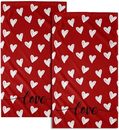 Love Hearts Hand Towel Set of 2, Cute Valentine's Day Red Soft Absorbent Dish Tea Towels Washcloths 14x28 Inch Home Hotel Kitchen Bathroom Wedding Anniversary Decor